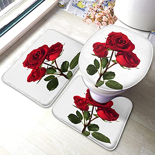 WONDERTIFY Dark Red Three Roses Bathroom Antiskid Pad Beautiful Bouquet Flower 3 Pieces Bathroom Rugs Set, Bath Mat+Contour+Toilet Lid Cover White