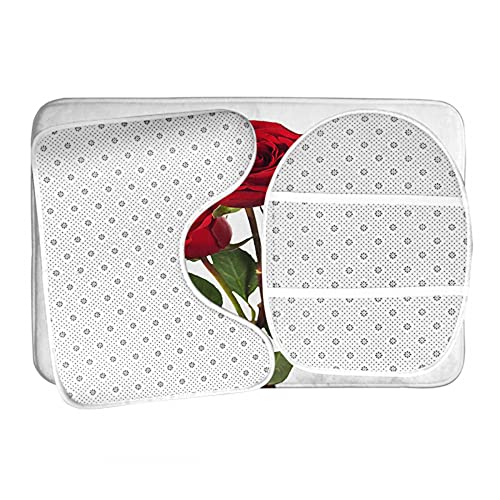 WONDERTIFY Dark Red Three Roses Bathroom Antiskid Pad Beautiful Bouquet Flower 3 Pieces Bathroom Rugs Set, Bath Mat+Contour+Toilet Lid Cover White