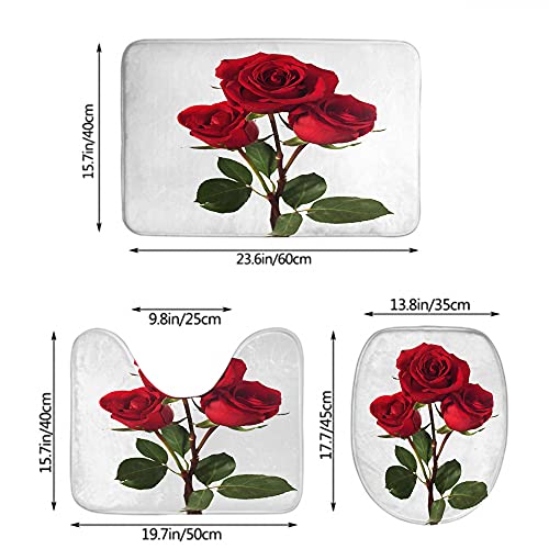 WONDERTIFY Dark Red Three Roses Bathroom Antiskid Pad Beautiful Bouquet Flower 3 Pieces Bathroom Rugs Set, Bath Mat+Contour+Toilet Lid Cover White