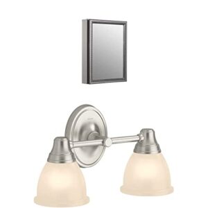 kohler decorative silver frame mirror door 20 inch x 26 inch aluminum bathroom medicine cabinet with forte 2 light sconce in brushed nickel; recess or surface mount