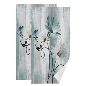 aiyooler hand towels for bathroom set of 2 farm teal white daisy floral flowers butterfly on country wooden soft absorbent small bath towels decorative kitchen guest dish towel for spa,hotel 28x14in