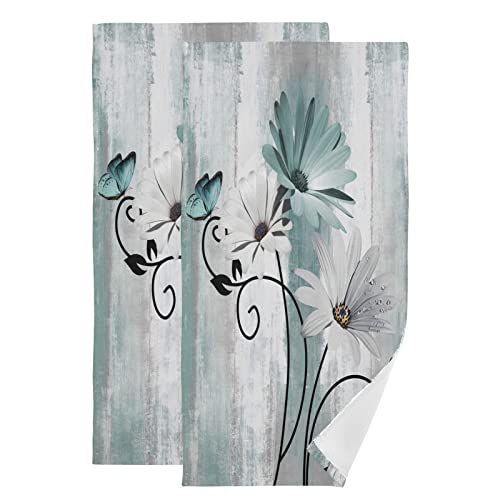 AIYOOLER Hand Towels for Bathroom Set of 2 Farm Teal White Daisy Floral Flowers Butterfly on Country Wooden Soft Absorbent Small Bath Towels Decorative Kitchen Guest Dish Towel for Spa,Hotel 28x14in