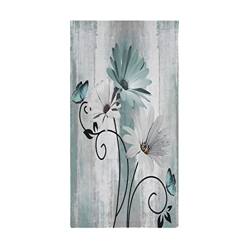 AIYOOLER Hand Towels for Bathroom Set of 2 Farm Teal White Daisy Floral Flowers Butterfly on Country Wooden Soft Absorbent Small Bath Towels Decorative Kitchen Guest Dish Towel for Spa,Hotel 28x14in