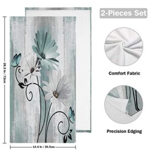 AIYOOLER Hand Towels for Bathroom Set of 2 Farm Teal White Daisy Floral Flowers Butterfly on Country Wooden Soft Absorbent Small Bath Towels Decorative Kitchen Guest Dish Towel for Spa,Hotel 28x14in