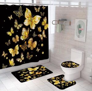 starblue-hgs magic golden butterfly waterproof shower curtain set flying butterfly bathroom bathtub mat toilet cover mat set