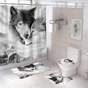 wolves bathroom sets with rugs,4 pcs wolf in the forest shower curtain sets with 12 hooks, wolves cloud bathroom sets with fabric shower curtains and rugs