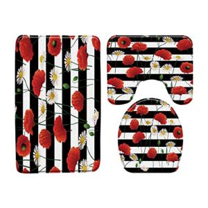 apular fashion 3 piece bath rugs set poppy - red black white stripe printed non slip ultra soft bathroom mats, u shape mat and toilet lid cover mat bath mats