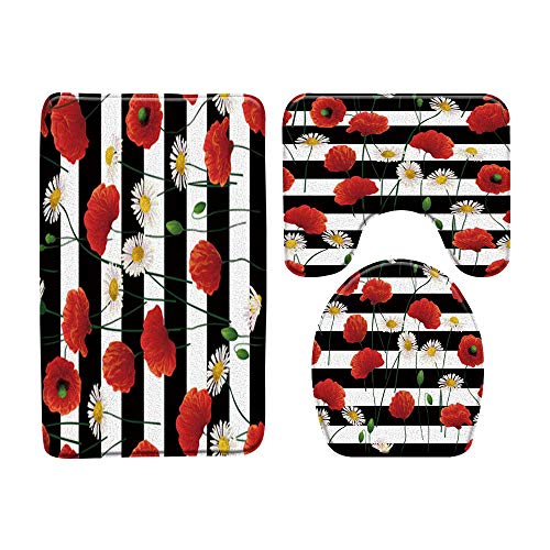 Apular Fashion 3 Piece Bath Rugs Set Poppy - Red Black White Stripe Printed Non Slip Ultra Soft Bathroom Mats, U Shape Mat and Toilet Lid Cover Mat Bath Mats