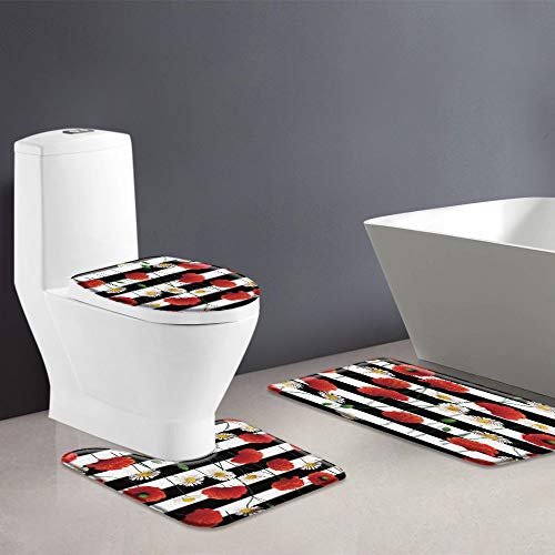 Apular Fashion 3 Piece Bath Rugs Set Poppy - Red Black White Stripe Printed Non Slip Ultra Soft Bathroom Mats, U Shape Mat and Toilet Lid Cover Mat Bath Mats