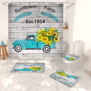 dexsawoi 4pcs rustic sunflower truck shower curtain set with non-slip sunflower carpet, toilet lid, and bath mat. bathroom curtain with 12 hooks 72 x 72 inches