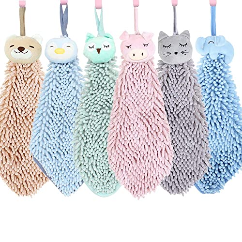 6 Pack Cute Chenille Soft Hanging Hand Towels, Funny Cat, Pig, Owl, Penguin, Elephent, Bear Washcloths, Absorbent Thick Kitchen＆Bathroom Microfiber Towel Bulk (Grey+Pink+Green+Sky Blue+Orange