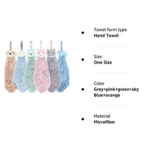 6 Pack Cute Chenille Soft Hanging Hand Towels, Funny Cat, Pig, Owl, Penguin, Elephent, Bear Washcloths, Absorbent Thick Kitchen＆Bathroom Microfiber Towel Bulk (Grey+Pink+Green+Sky Blue+Orange