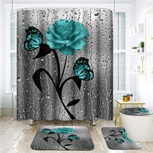 artsocket 4 pcs shower curtain set green blue floral flowers abstract colorful with non-slip rugs toilet lid cover and bath mat bathroom decor set 72" x 72"
