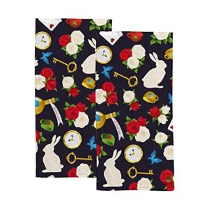 hapuxt hand towels face towels set of 2 roses rabbit wonderland soft comfortable polyester microfiber fast water absorbent towels for bathroom kitchen 30x15 inch