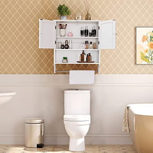 IWELL Bathroom Wall Cabinet & Bathroom Floor Cabinet bundle, Medicine Cabinet with 1 Adjustable Shelf & Double Doors, Storage Cabinet with Glass Doors & Adjustable Shelf, Wall Mounted Bathroom Cabinet