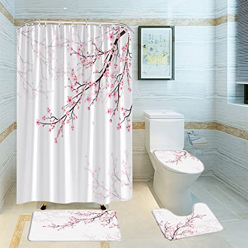 HYKHYK 4pcs Cherry Blossom Shower Curtain Set with Rug Pink Floral Falling Petals Janpenese Asian Style Spring Flower Bathroom Set with Hooks(Bath Mat,U Shape and Toilet Lid Cover Mat)