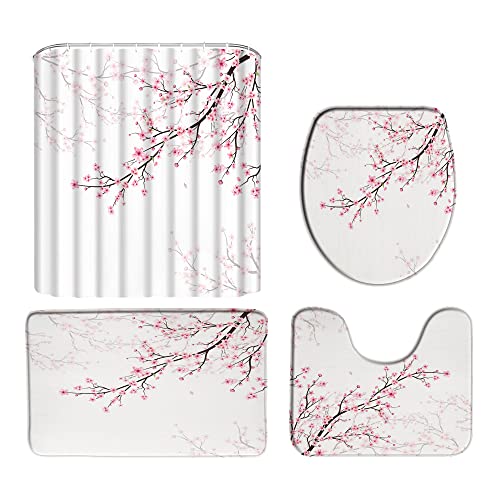 HYKHYK 4pcs Cherry Blossom Shower Curtain Set with Rug Pink Floral Falling Petals Janpenese Asian Style Spring Flower Bathroom Set with Hooks(Bath Mat,U Shape and Toilet Lid Cover Mat)