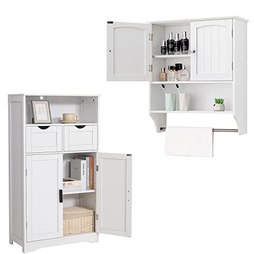 Iwell Wall Bathroom Cabinet with Shelf, Medicine Cabinet with Doors & Bathroom Floor Cabinet with 2 Drawers