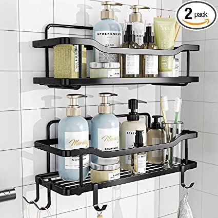 Tipoko - 2-Pack Adhesive Shower Caddy - No Drilling, Wall Mounted, And Rustproof Stainless Steel Shower Organizer for Shower & Kitchen With Hooks - (Black Shower shelves)