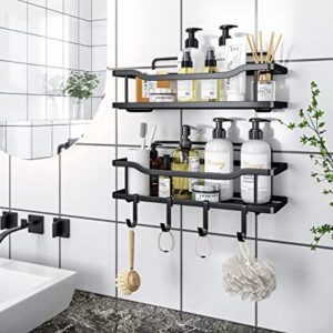 Tipoko - 2-Pack Adhesive Shower Caddy - No Drilling, Wall Mounted, And Rustproof Stainless Steel Shower Organizer for Shower & Kitchen With Hooks - (Black Shower shelves)