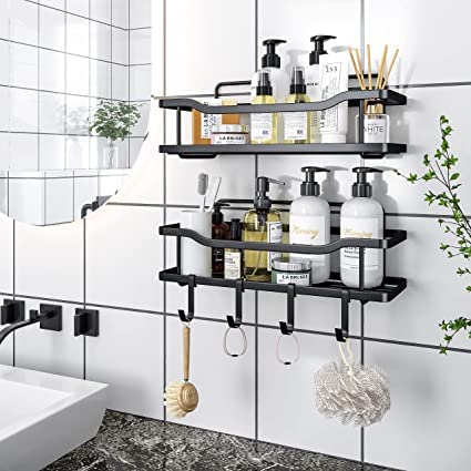 Tipoko - 2-Pack Adhesive Shower Caddy - No Drilling, Wall Mounted, And Rustproof Stainless Steel Shower Organizer for Shower & Kitchen With Hooks - (Black Shower shelves)