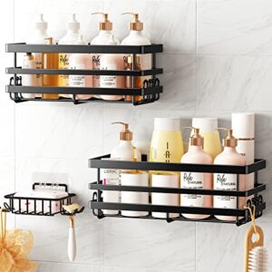 weeprop 3 pack shower caddy, bathroom shower organizer with soap holder, 16 hooks, adhesive shower shelf for inside shower with high fence, rustproof stainless steel shower storage rack(black)