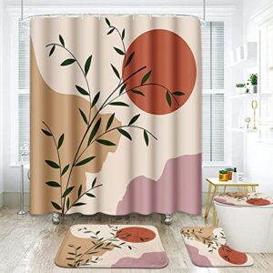 Boho Bathroom Sets with Shower Curtain and Rugs and Accessories, Mid Century Sun Orange Red Leaves Shower Curtain Sets, Modern Shower Curtains for Bathroom Decor 4 Pcs