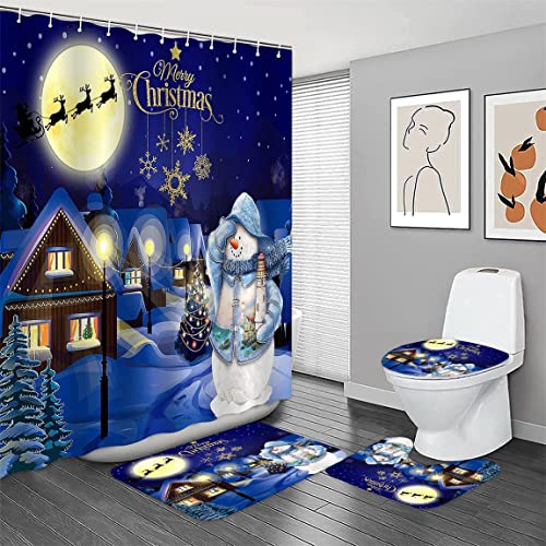 4 Piece Christmas Shower Curtain Set with Non-Slip Rug, Toilet Lid Cover, Bath Mat and 12 Hooks, Waterproof Shower Curtain Set for Bathroom