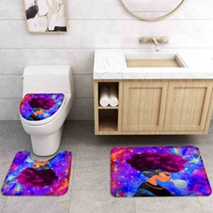 4PCS African American Woman Shower Curtain Set for Bathroom with Rugs and Accessories Sets Include Black Girl Bathroom Shower Curtain Set & 3 Non-Slip Bath Mat (Purple)