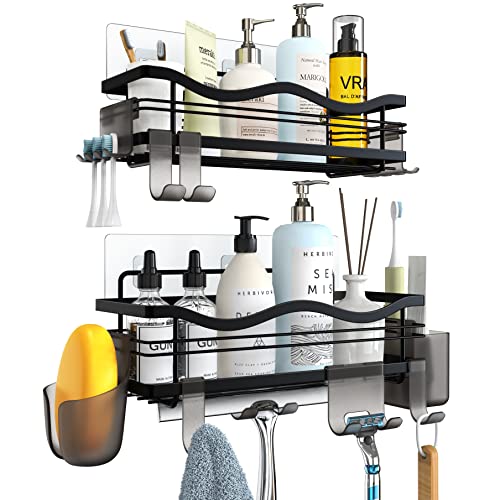 ENIBOE Shower Caddy with 10 Hooks, Adhesive Shower Shelf for inside Shower, Stainless Steel No Drill Rustproof Shower Organizer, Large Capacity Wall Mount Bathroom Caddy Shelves, 2 Pack, Black