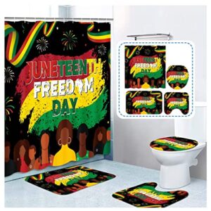 Juneteenth Bathroom Shower Curtain Set June 19 1865 African American Emancipation Black Freedom Celebration Bathroom Sets with Rugs(Bath Mat,U Shape and Toilet Lid Cover Mat) and 12 Hooks