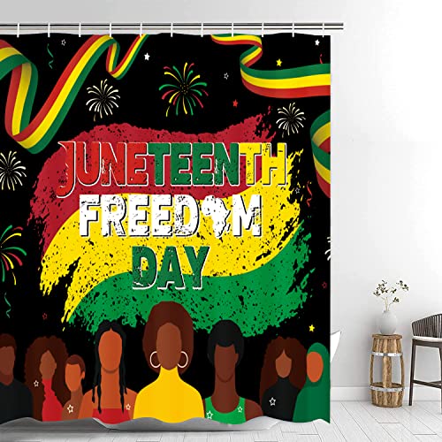 Juneteenth Bathroom Shower Curtain Set June 19 1865 African American Emancipation Black Freedom Celebration Bathroom Sets with Rugs(Bath Mat,U Shape and Toilet Lid Cover Mat) and 12 Hooks