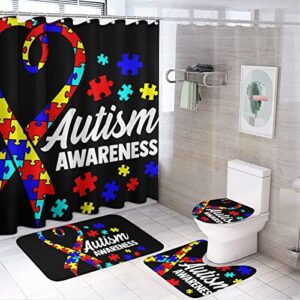 autism awareness 4-piece shower curtain set, shower curtain, non-slip carpet, toilet lid and bath mat, it looks durable and waterproof, suitable for overall bathroom decoration