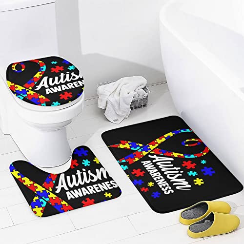 Autism Awareness 4-Piece Shower Curtain Set, Shower Curtain, Non-Slip Carpet, Toilet Lid and Bath Mat, It Looks Durable and Waterproof, Suitable for Overall Bathroom Decoration