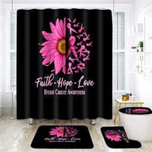 earvo 4pcs breast cancer awareness shower curtain curtain set with non-slip rugs, toilet lid cover and bath mat, pink ribbon bath curtain 71x72 inches 12 hooks setyyea22