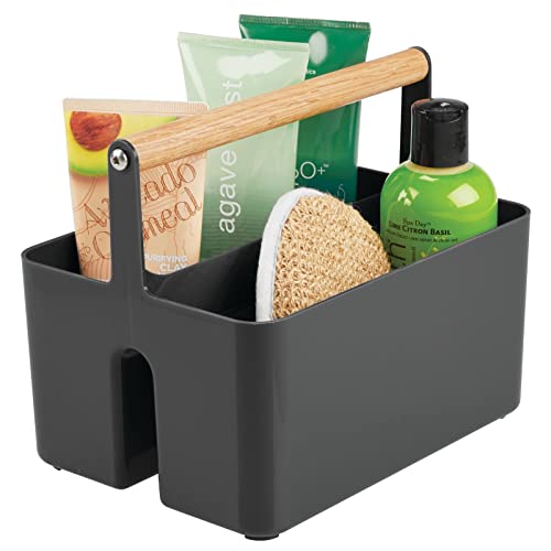 mDesign Plastic Portable Shower Caddy Divided Basket Bin Storage Organizer with Wood Handle for Bathroom Vanity, Dorm Shelf & Cabinet - Holds Shampoo, Conditioner - Aura Collection - Black/Natural