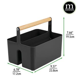 mDesign Plastic Portable Shower Caddy Divided Basket Bin Storage Organizer with Wood Handle for Bathroom Vanity, Dorm Shelf & Cabinet - Holds Shampoo, Conditioner - Aura Collection - Black/Natural