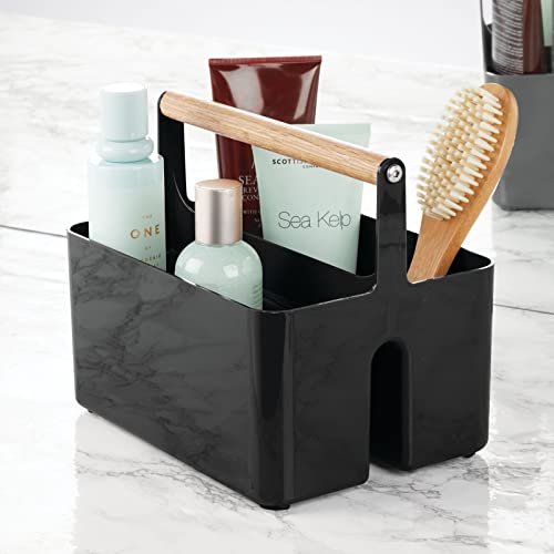 mDesign Plastic Portable Shower Caddy Divided Basket Bin Storage Organizer with Wood Handle for Bathroom Vanity, Dorm Shelf & Cabinet - Holds Shampoo, Conditioner - Aura Collection - Black/Natural