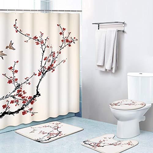 Britimes 4 Piece Shower Curtain Sets, Cherry Blossoms with Non-Slip Rugs, Toilet Lid Cover and Bath Mat, Durable and Waterproof, for Bathroom Decor Set, 72" x 72"