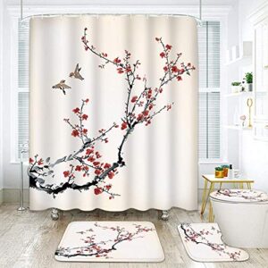 Britimes 4 Piece Shower Curtain Sets, Cherry Blossoms with Non-Slip Rugs, Toilet Lid Cover and Bath Mat, Durable and Waterproof, for Bathroom Decor Set, 72" x 72"