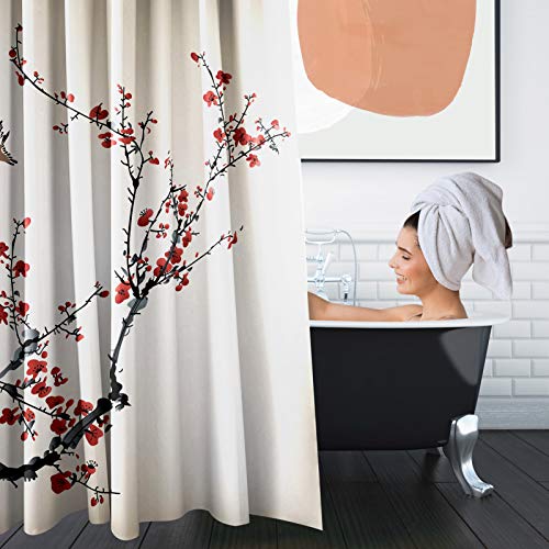 Britimes 4 Piece Shower Curtain Sets, Cherry Blossoms with Non-Slip Rugs, Toilet Lid Cover and Bath Mat, Durable and Waterproof, for Bathroom Decor Set, 72" x 72"