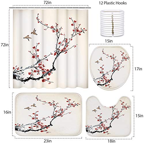 Britimes 4 Piece Shower Curtain Sets, Cherry Blossoms with Non-Slip Rugs, Toilet Lid Cover and Bath Mat, Durable and Waterproof, for Bathroom Decor Set, 72" x 72"