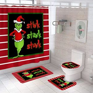 wrujoju 4 pcs christmas shower curtain set with non-slip rug, toilet lid cover and bath mat,xmas shower curtains with 12 hooks, christmas shower curtain sets for bathroom