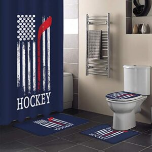 onehoney shower curtain sets 4 pieces with non-slip rugs usa flag hockey sports,waterproof bathroom curtains,blue white stripes decor bath mat, toilet lid cover and floor door mat