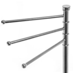 MyGift 38 Inch Silver Metal Freestanding Towel Rack for Bathroom with 3 Swivel Arms and Sturdy Round Base