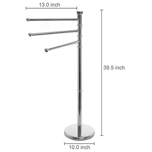 MyGift 38 Inch Silver Metal Freestanding Towel Rack for Bathroom with 3 Swivel Arms and Sturdy Round Base