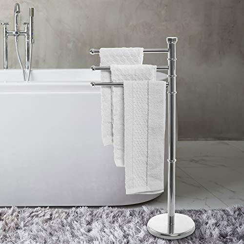 MyGift 38 Inch Silver Metal Freestanding Towel Rack for Bathroom with 3 Swivel Arms and Sturdy Round Base