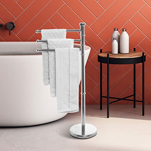 MyGift 38 Inch Silver Metal Freestanding Towel Rack for Bathroom with 3 Swivel Arms and Sturdy Round Base