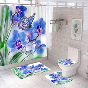 mamrug 4 pcs butterfly shower curtain sets with non-slip rugs and toilet lid cover purple flower phalaenopsis bath decor shower curtains 72"x 72" with 12 hooks durable waterproof for bathroom
