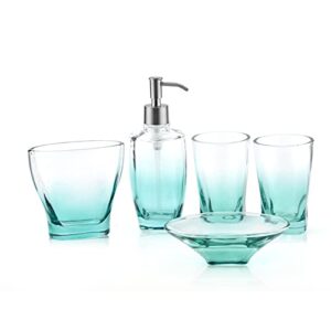 Rzoeox Bathroom Accessory Set, Lead-Free Glass 5-Piece Bath Ensemble Gift Includes Soap Dispenser,Toothbrush Holder, Tumbler, Soap Dish for Home, Office, Superior Hotel, Gradient Lake Green